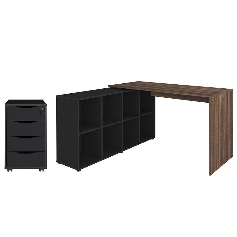 Mesa Escrivaninha Em L Eron E Gaveteiro Com Rodízios Mity A06 Ipê Preto Mpozenato - 1