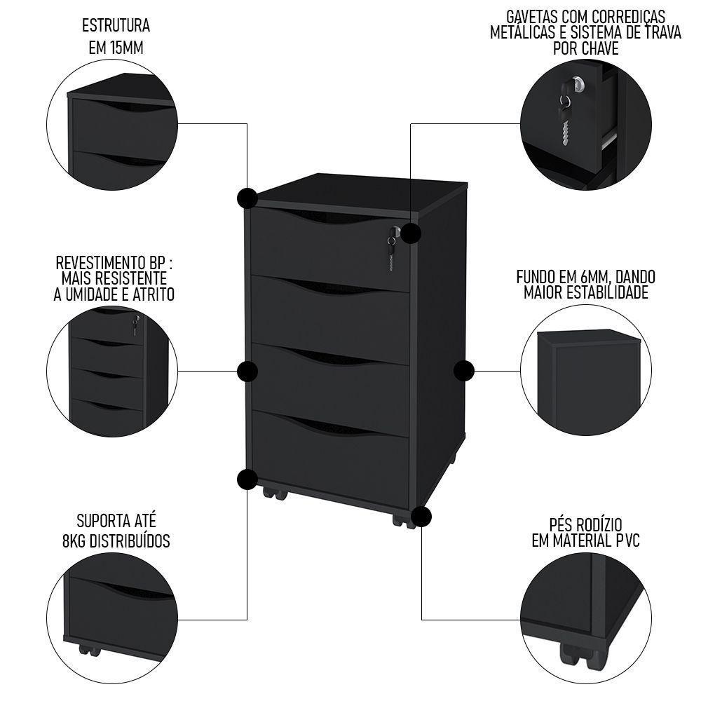 Mesa Escrivaninha Em L Eron E Gaveteiro Com Rodízios Mity A06 Ipê Preto Mpozenato - 9