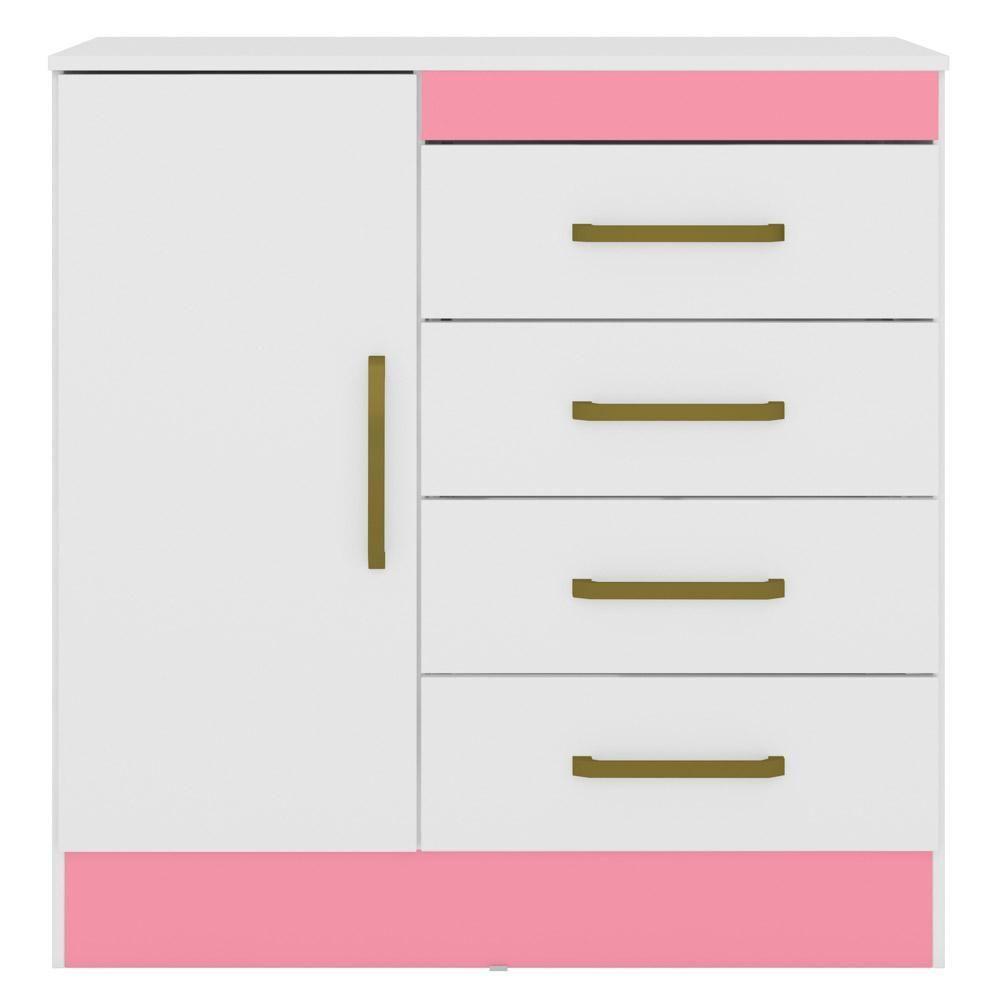 Cômoda Para Quarto 1 Porta 4 Gavetas Branco/rosa/Branco - 2