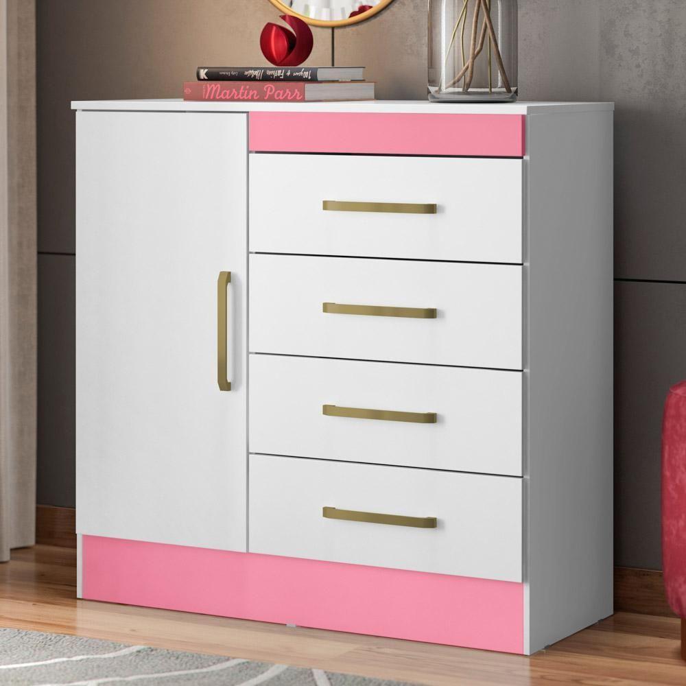 Cômoda Para Quarto 1 Porta 4 Gavetas Branco/rosa/Branco - 5