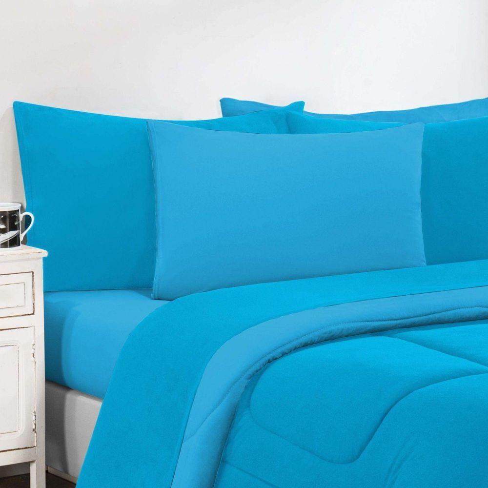 Edredom + Jogo De Lençol Malha 100% Algodão Gran Moratta 7 Peças King - Azul Turquesa-azul Turquesa - 2