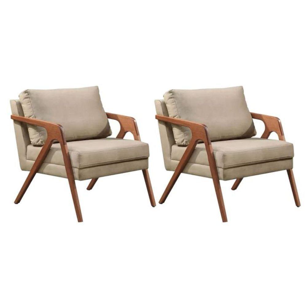 Kit 2 Poltronas Decorativa Mona Luxo Veludo Bege Base Madeira Maciça - 3