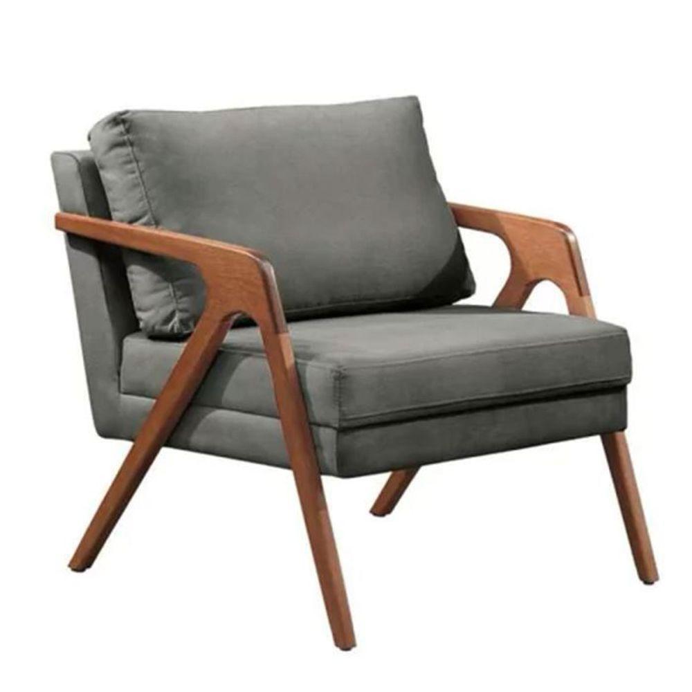 Poltrona Mona Luxo Madeira Maciça Tecido Linho Cinza - 1