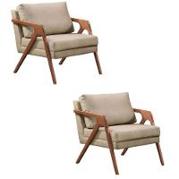 Kit 2 Poltronas Decorativa Mona Luxo Linho Bege Base Madeira Maciça - 1