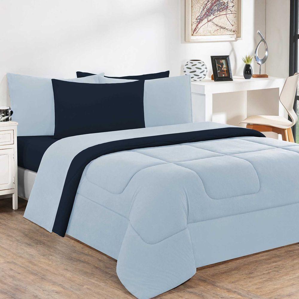 Kit Edredom + Jogo De Lençol Malha 100% Algodão Gran Moratta 7 Peças King - Azul Bebê-azul Marinho. - 1