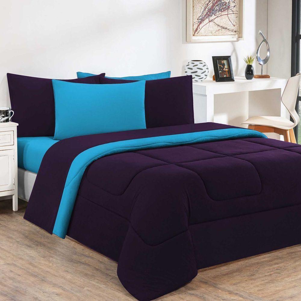 Kit Edredom Malha 100% Algodão Gran Moratta 3 Peças King - Roxo -azul Turquesa - 1