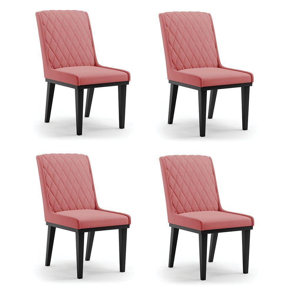 Cadeira Sala De Jantar Base Madeira Preto Kit 4 Sofia Suede D03 - D'rossi Cor Rose - 1