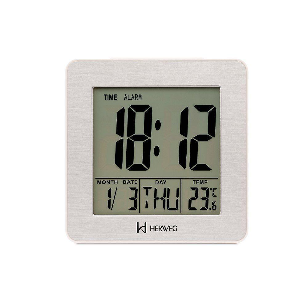 Relógio Despertador Herweg Digital Branco Quadrado Alumínio 2985-021 - 2