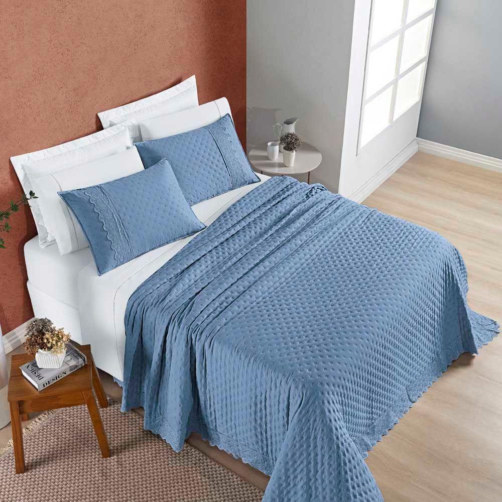 Kit Cobre Leito Colcha Nobre Queen 3 Peças Micropercal 200 Fios Matelado - Azul Serenity - 5
