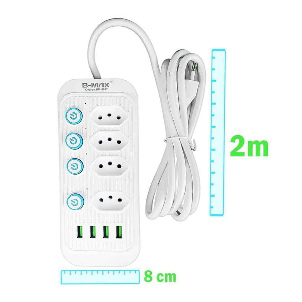 Filtro De Linha Com Usb 2.1a Extensao 4 Tomadas B-max 2m - 3