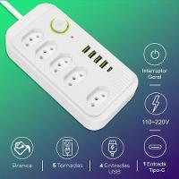 Filtro De Linha Com 5 Usb 2.1a Extensão 5 Tomadas