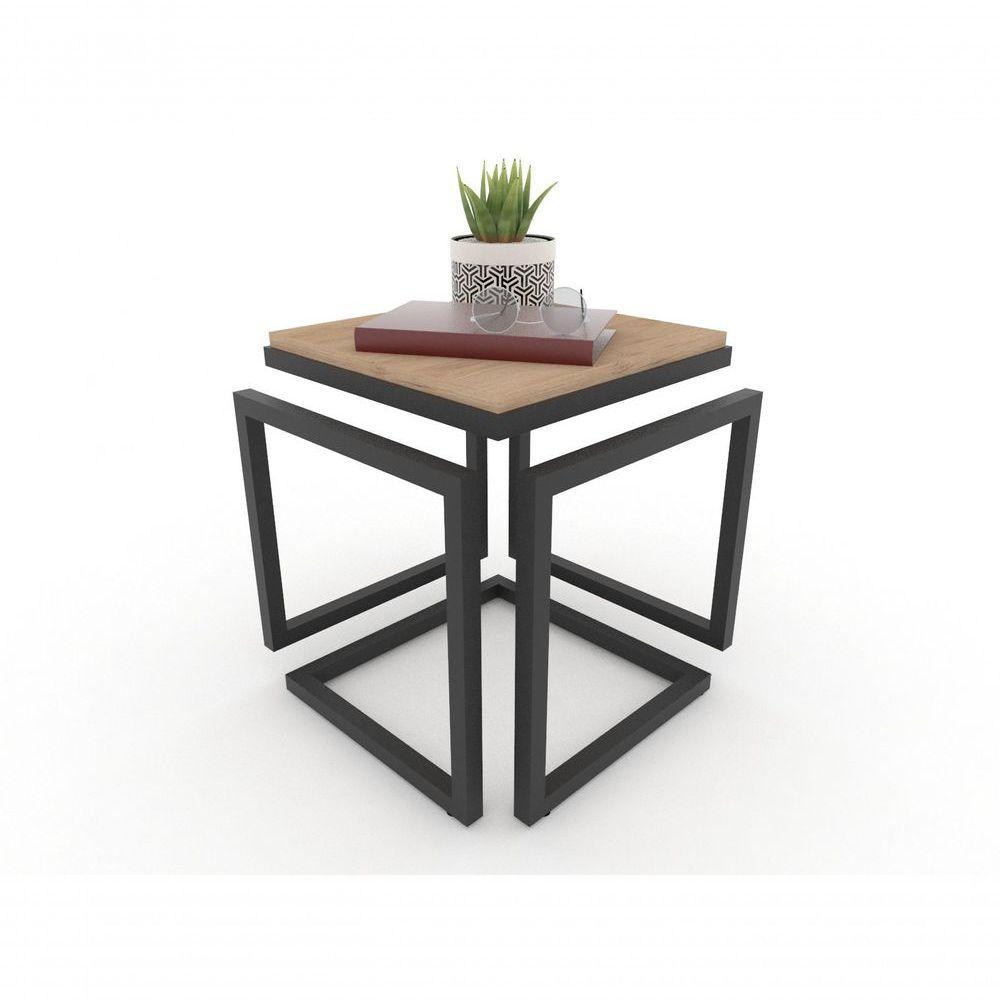 Mesa Lateral Cubo Metalon Preto Carvalho Mel - 40cm - 6