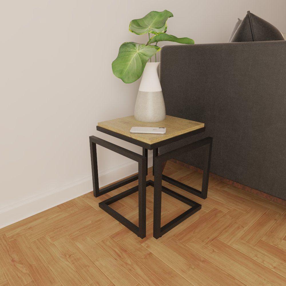Mesa Lateral Cubo Metalon Preto Carvalho Mel - 40cm - 9