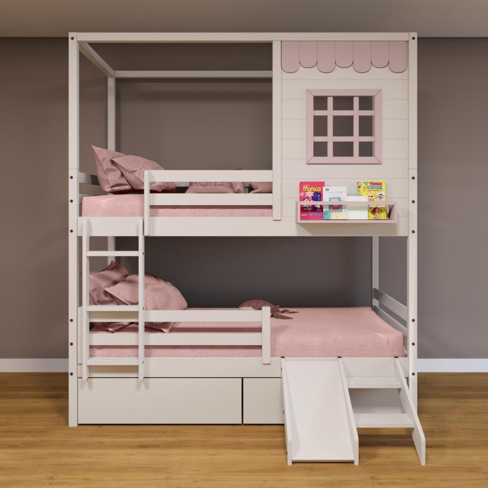 Beliche Casinha Reta Com 02 Gavetas Escorregador E Grade Removível Madeira Maciça Branco/ Rosa Housin - 1