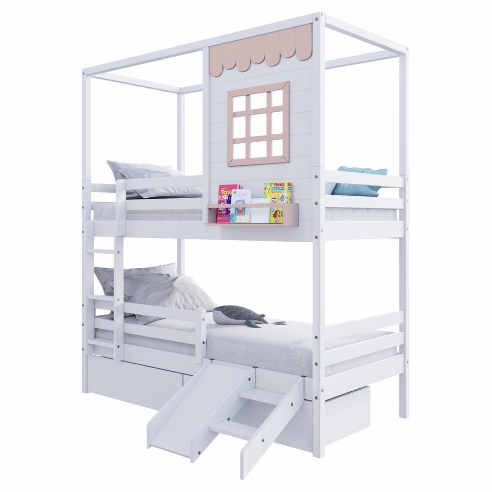 Beliche Casinha Reta Com 02 Gavetas Escorregador E Grade Removível Madeira Maciça Branco/ Rosa Housin - 6