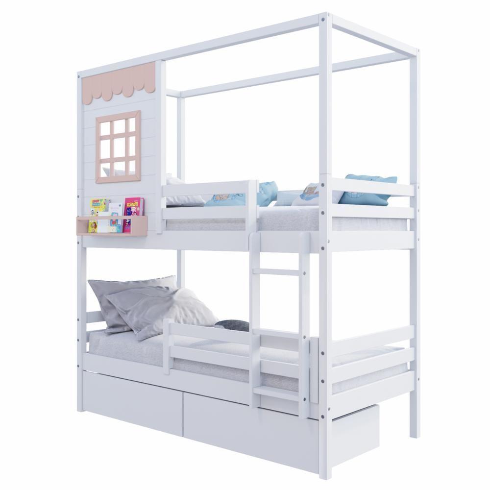 Beliche Casinha Reta Com 02 Gavetas E Grade Removível Madeira Maciça Branco/ Rosa Housin - 3