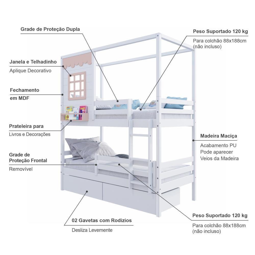 Beliche Casinha Reta Com 02 Gavetas E Grade Removível Madeira Maciça Branco/ Rosa Housin - 5