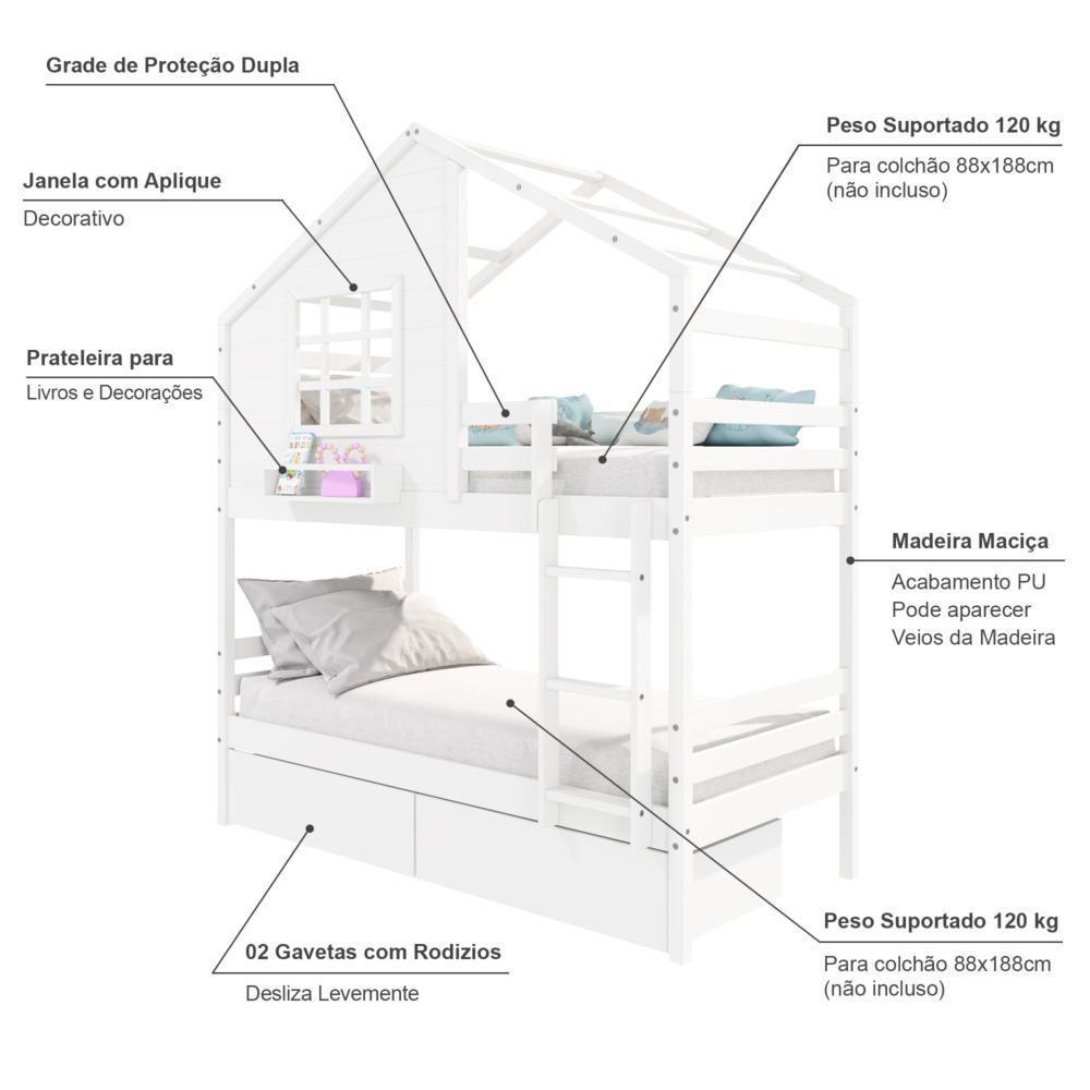 Beliche Casinha Com Janela Com 02 Gavetas Madeira Maciça Branco Housin - 4