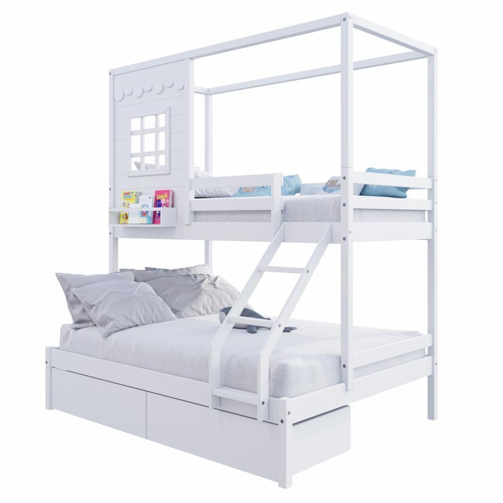 Beliche Casinha Reta Casal/ Solteiro Com 02 Gavetas Madeira Maciça Branco Housin - 3