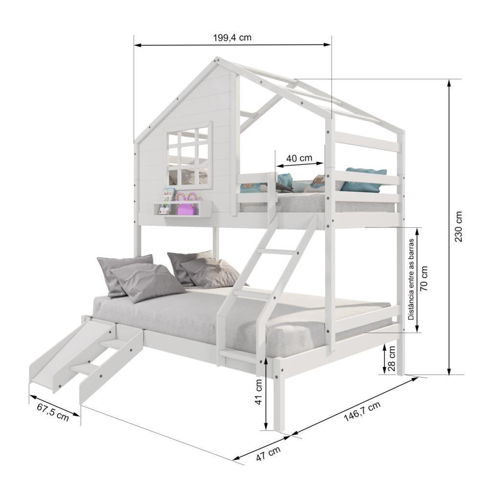Beliche Casinha Com Janela Casal/Solteiro Com Escada/escorregador Madeira Maciça Branco Housin - 4