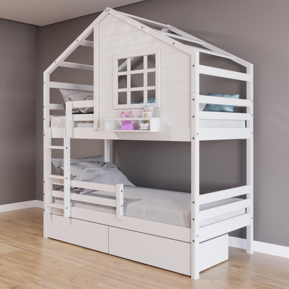 Beliche Casinha Com Janela Com 02 Gavetas E Grade De Proteção Madeira Maciça Branco Housin - 1