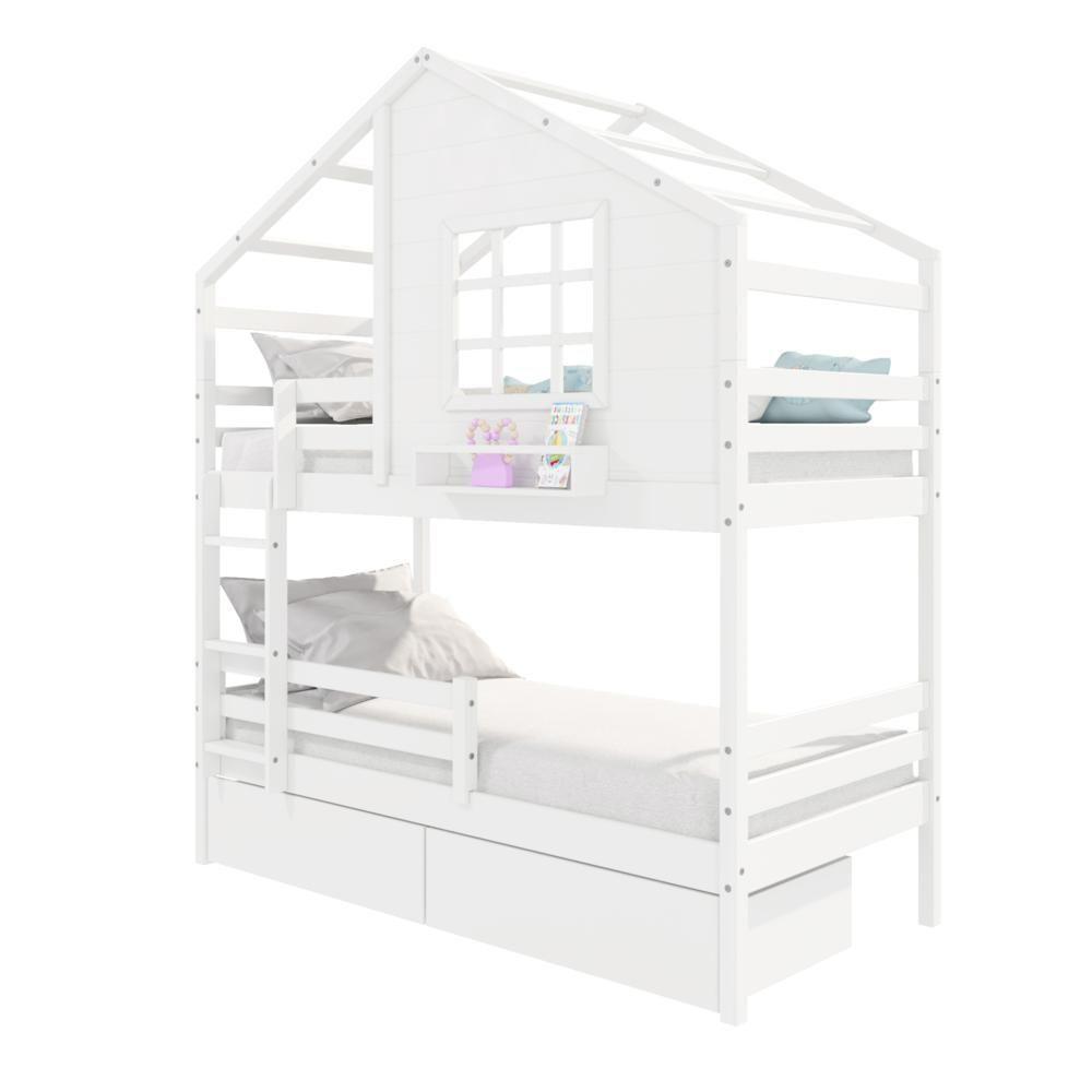 Beliche Casinha Com Janela Com 02 Gavetas E Grade De Proteção Madeira Maciça Branco Housin - 5