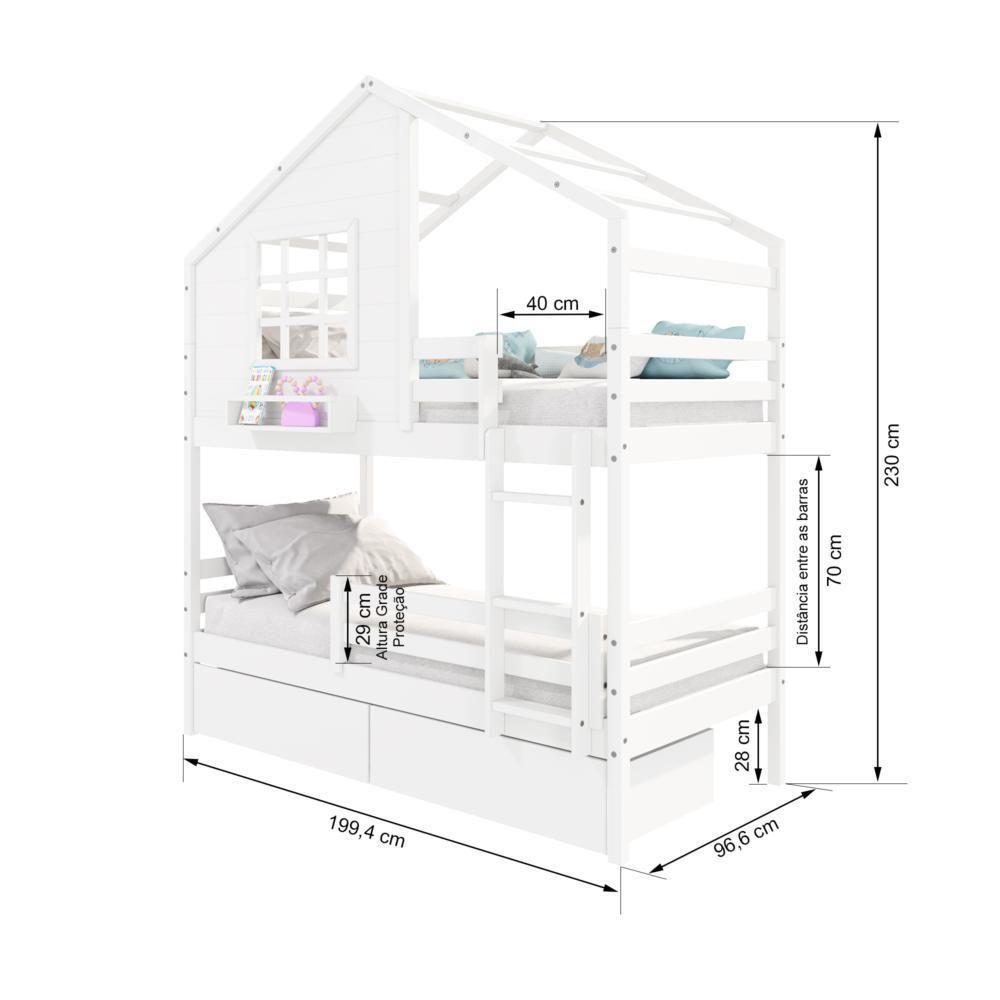 Beliche Casinha Com Janela Com 02 Gavetas E Grade De Proteção Madeira Maciça Branco Housin - 6