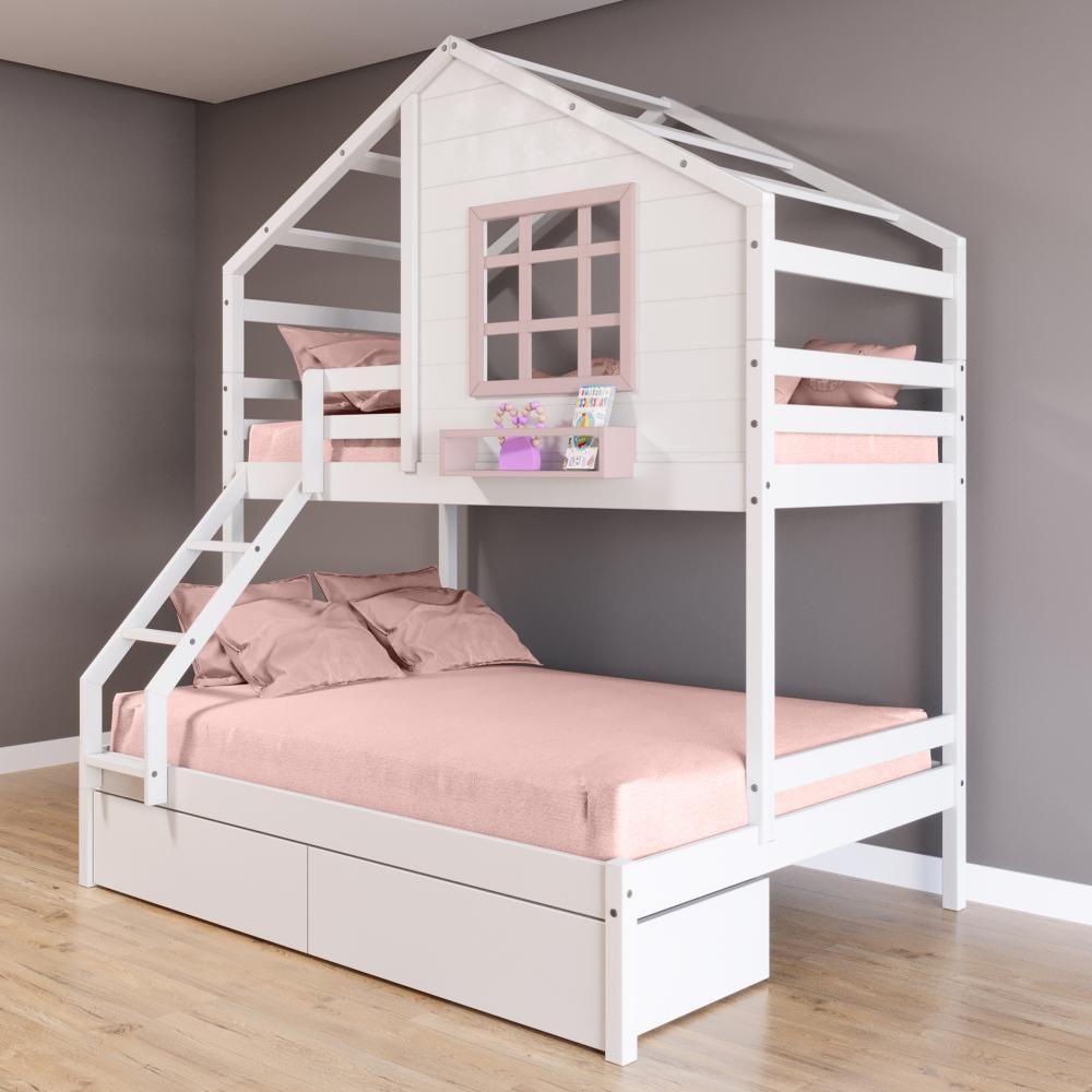 Beliche Casinha Com Janela Casal/solteiro Com 02 Gavetas Madeira Maciça Branco/ Rosa Housin - 1