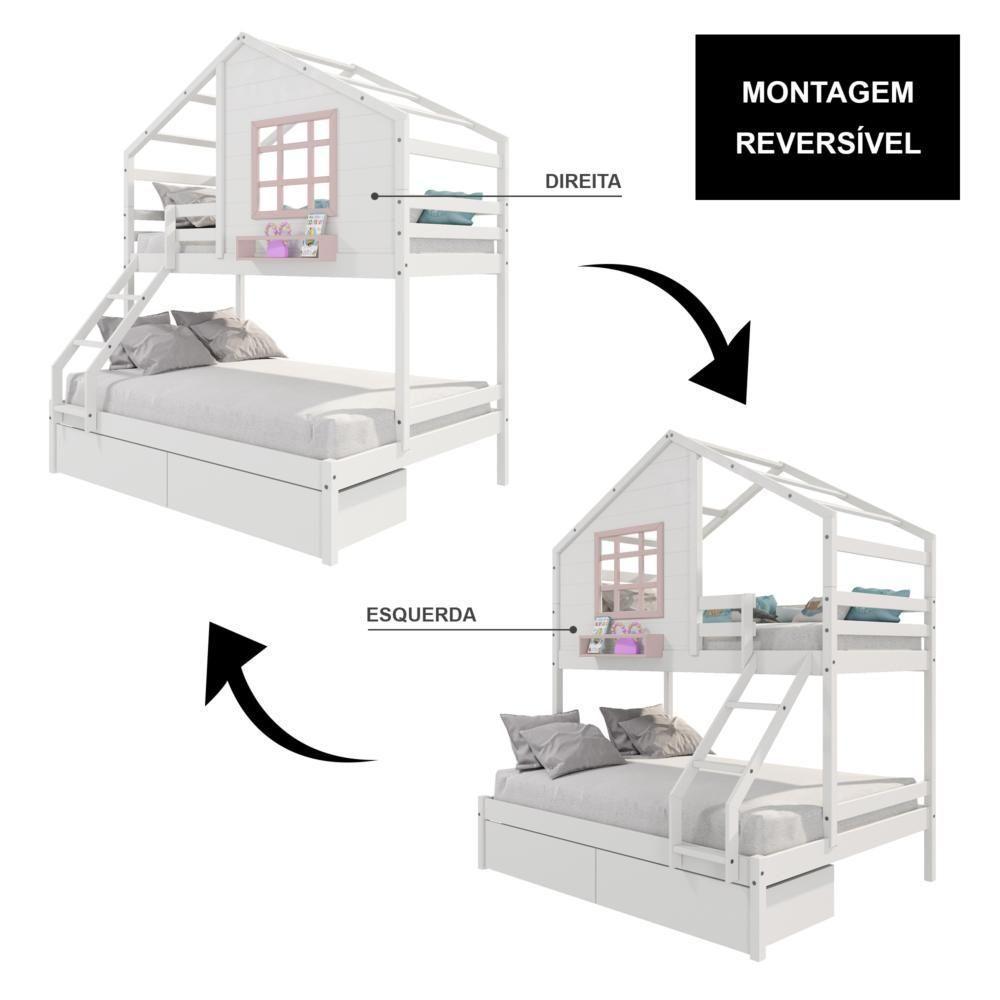 Beliche Casinha Com Janela Casal/solteiro Com 02 Gavetas Madeira Maciça Branco/ Rosa Housin - 2