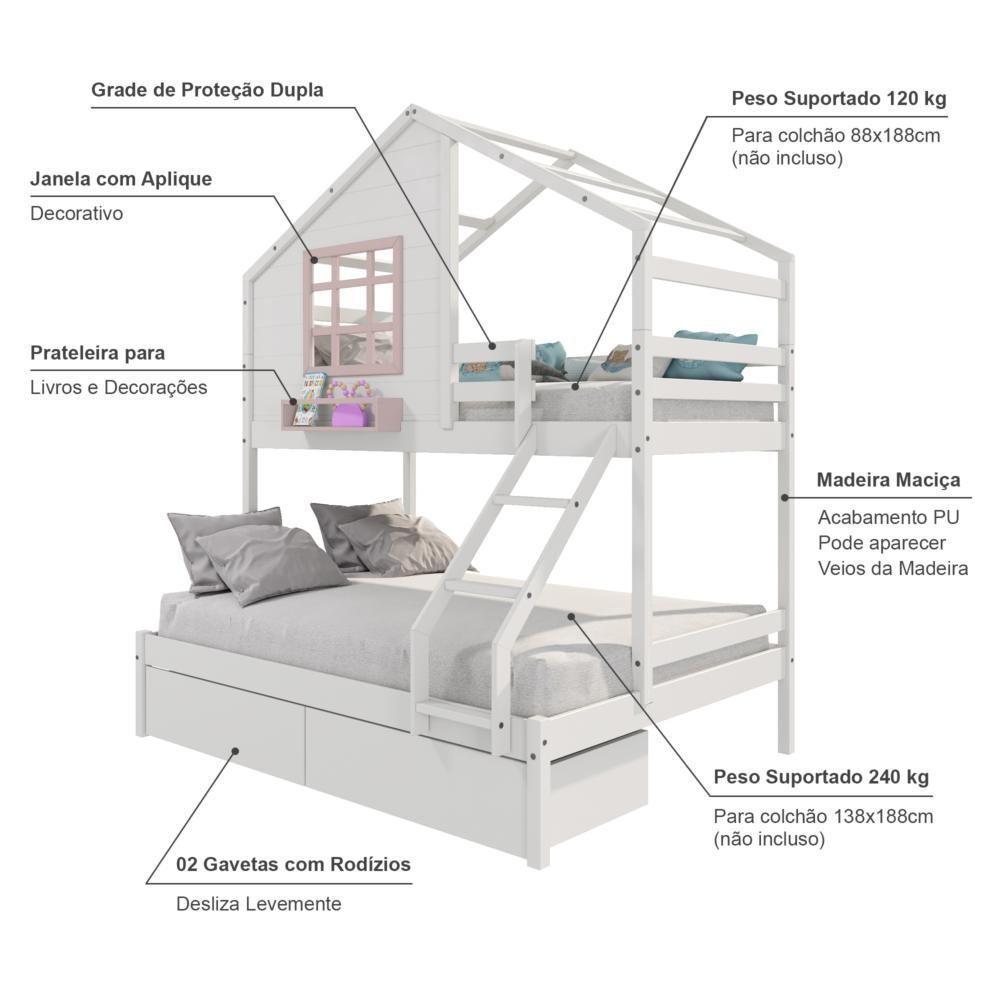 Beliche Casinha Com Janela Casal/solteiro Com 02 Gavetas Madeira Maciça Branco/ Rosa Housin - 5