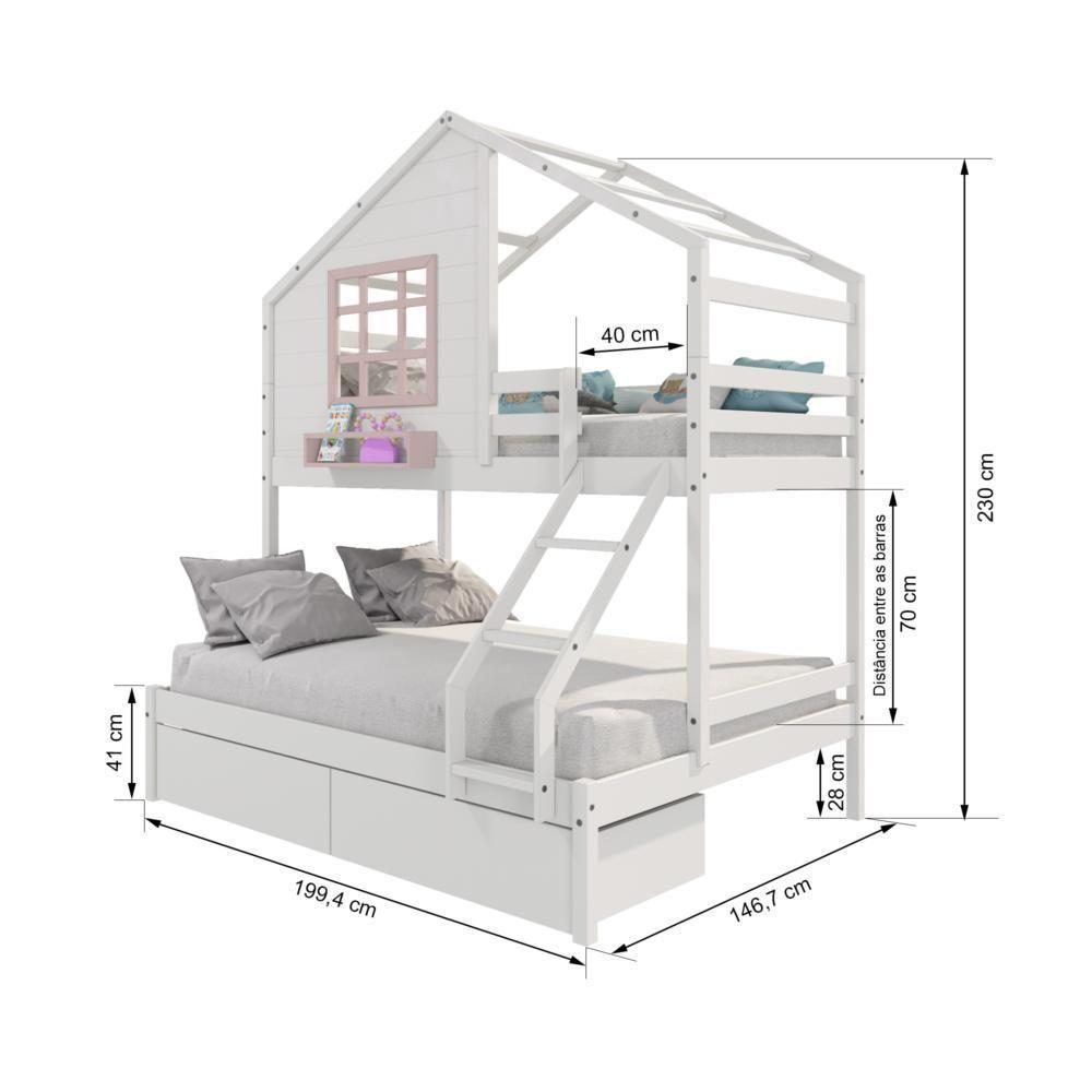 Beliche Casinha Com Janela Casal/solteiro Com 02 Gavetas Madeira Maciça Branco/ Rosa Housin - 7