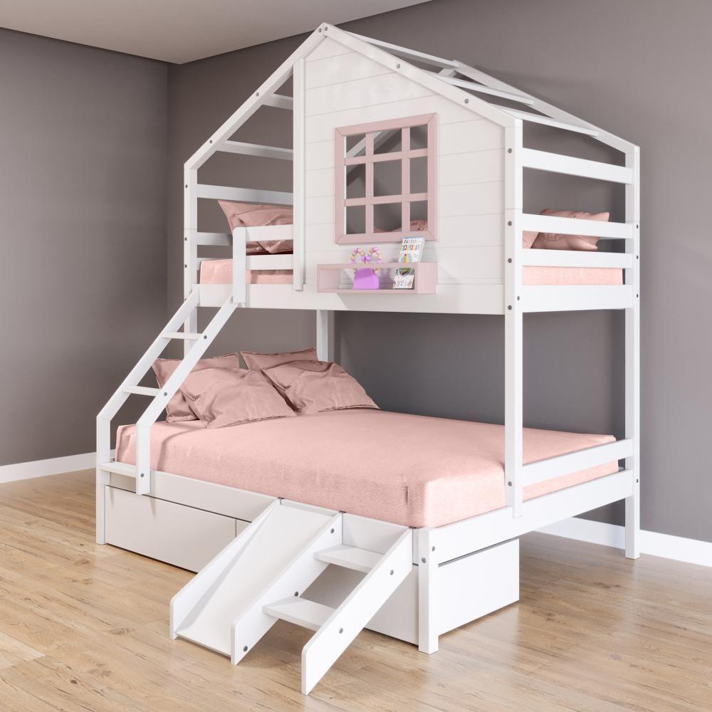 Beliche Casinha Com Janela Casal/Solteiro Com 02 Gavetas E Kit Escada/escorregador Madeira Maciça Branco/ Rosa Housin - 1