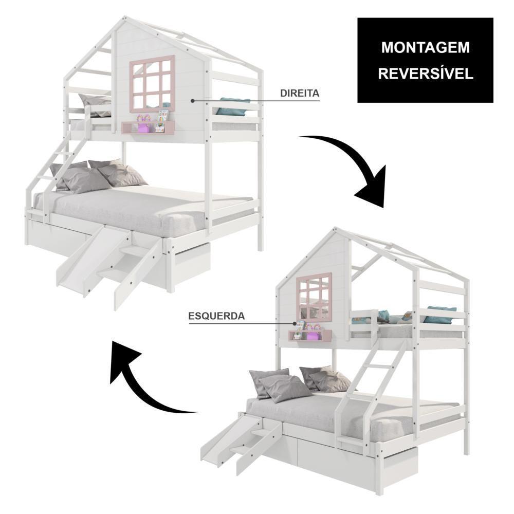 Beliche Casinha Com Janela Casal/Solteiro Com 02 Gavetas E Kit Escada/escorregador Madeira Maciça Branco/ Rosa Housin - 2