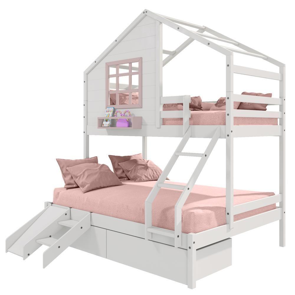 Beliche Casinha Com Janela Casal/Solteiro Com 02 Gavetas E Kit Escada/escorregador Madeira Maciça Branco/ Rosa Housin - 3