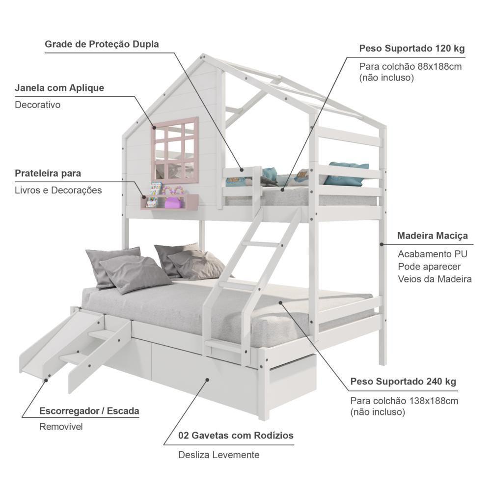 Beliche Casinha Com Janela Casal/Solteiro Com 02 Gavetas E Kit Escada/escorregador Madeira Maciça Branco/ Rosa Housin - 7