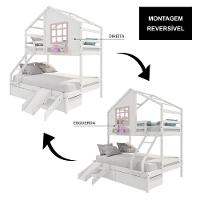 Beliche Casinha Com Janela Casal/Solteiro Com 02 Gavetas E Kit Escada/escorregador Madeira Maciça Branco/ Rosa Housin - 2