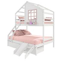 Beliche Casinha Com Janela Casal/Solteiro Com 02 Gavetas E Kit Escada/escorregador Madeira Maciça Branco/ Rosa Housin - 6