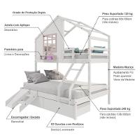 Beliche Casinha Com Janela Casal/Solteiro Com 02 Gavetas E Kit Escada/escorregador Madeira Maciça Branco/ Rosa Housin - 7