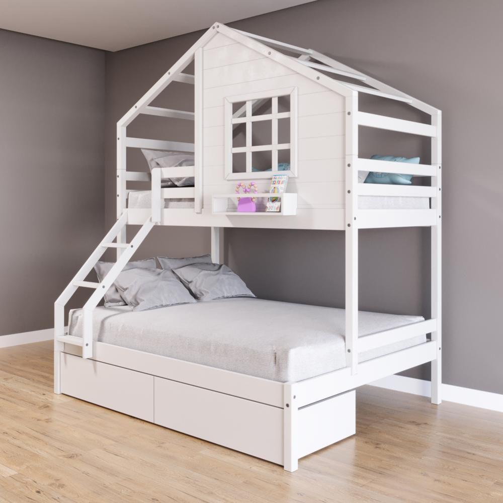 Beliche Casinha Com Janela Casal/Solteiro Com 02 Gavetas Madeira Maciça Branco Housin - 1