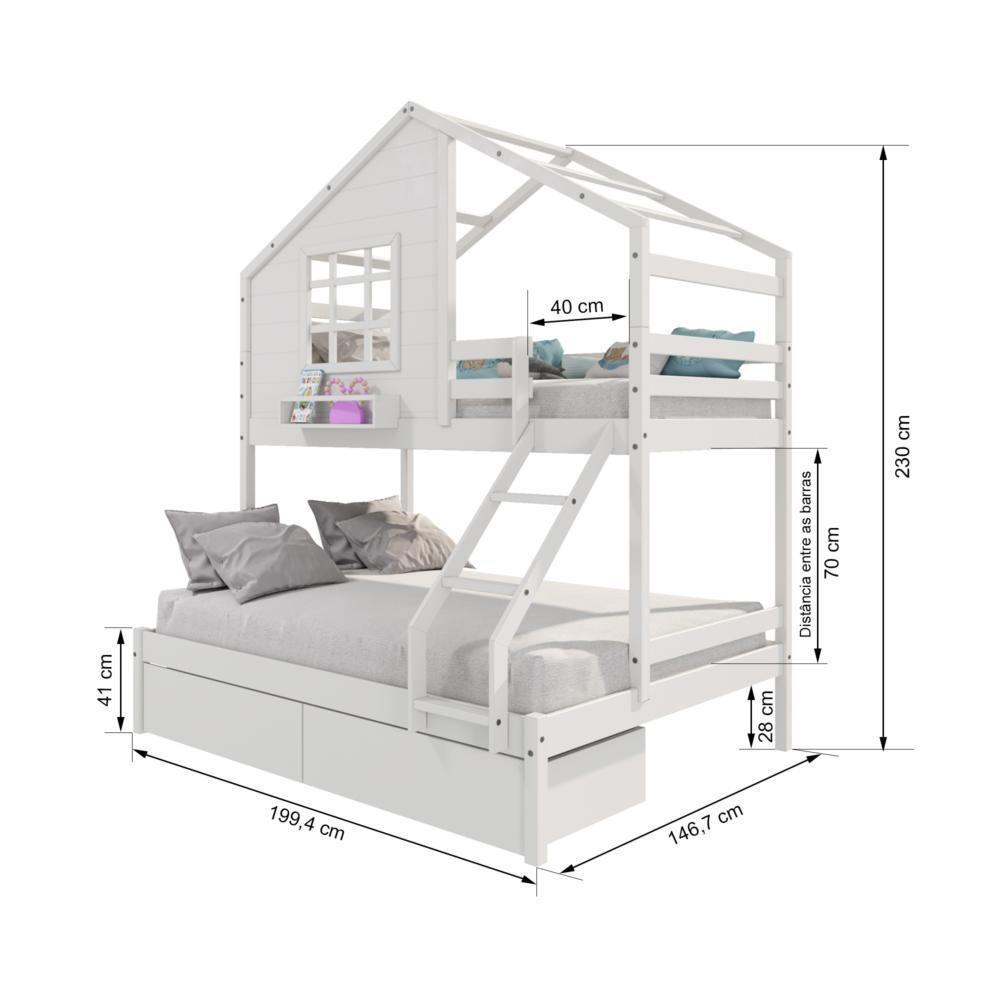 Beliche Casinha Com Janela Casal/Solteiro Com 02 Gavetas Madeira Maciça Branco Housin - 5