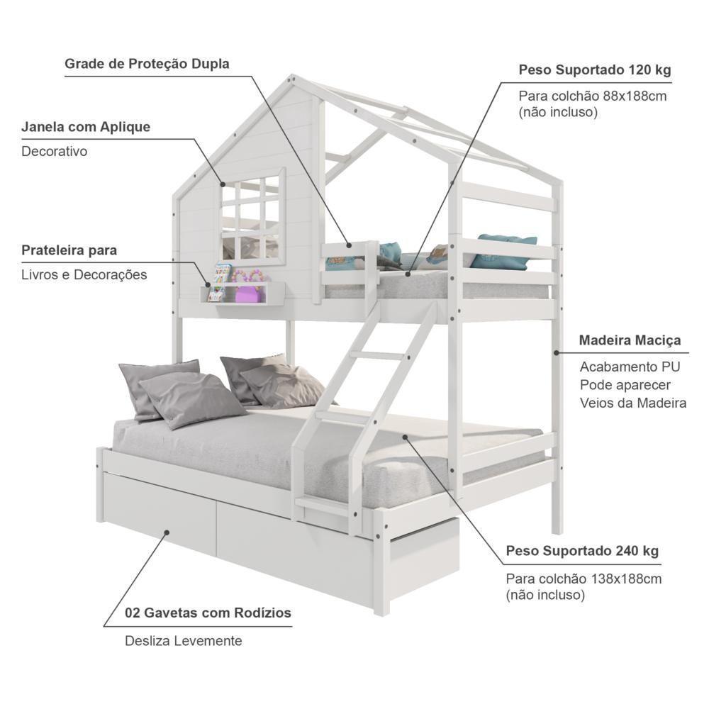 Beliche Casinha Com Janela Casal/Solteiro Com 02 Gavetas Madeira Maciça Branco Housin - 6