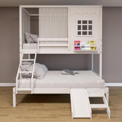 Beliche Casinha Reta Casal- Solteiro Com Escorregador E Cortina Madeira Maciça Branco Housin