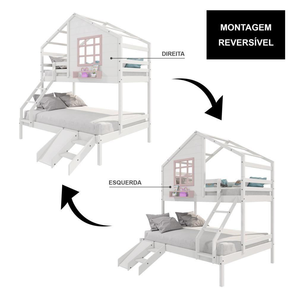 Beliche Casinha Com Janela Casal/Solteiro Com Escada/escorregador Madeira Maciça Branco/ Rosa Housin - 2