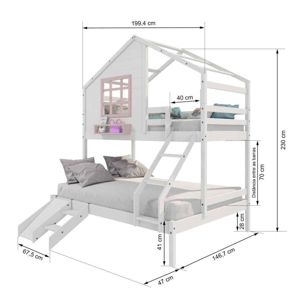 Beliche Casinha Com Janela Casal/Solteiro Com Escada/escorregador Madeira Maciça Branco/ Rosa Housin - 4