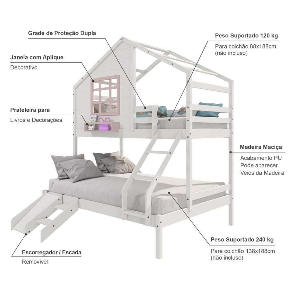 Beliche Casinha Com Janela Casal/Solteiro Com Escada/escorregador Madeira Maciça Branco/ Rosa Housin - 5