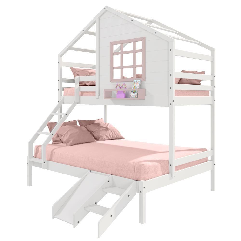 Beliche Casinha Com Janela Casal/Solteiro Com Escada/escorregador Madeira Maciça Branco/ Rosa Housin - 6