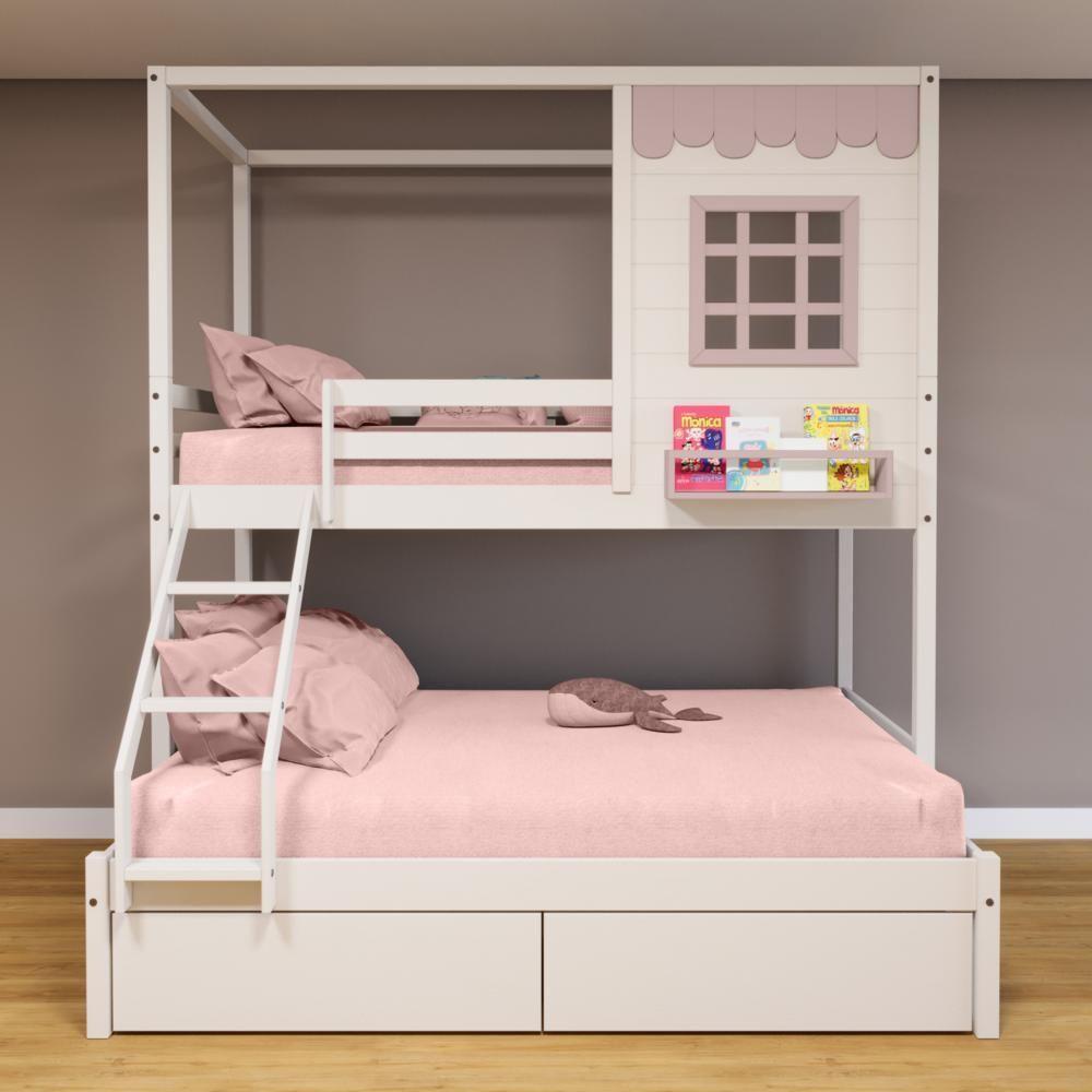 Beliche Casinha Reta Casal/ Solteiro Com 02 Gavetas Madeira Maciça Branco/ Rosa Housin - 1