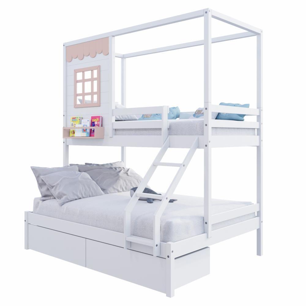 Beliche Casinha Reta Casal/ Solteiro Com 02 Gavetas Madeira Maciça Branco/ Rosa Housin - 3