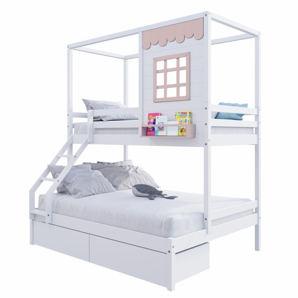 Beliche Casinha Reta Casal/ Solteiro Com 02 Gavetas Madeira Maciça Branco/ Rosa Housin - 6