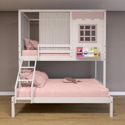 Beliche Casinha Reta Casal- Solteiro Com Cortina Madeira Maciça Branco- Rosa Housin